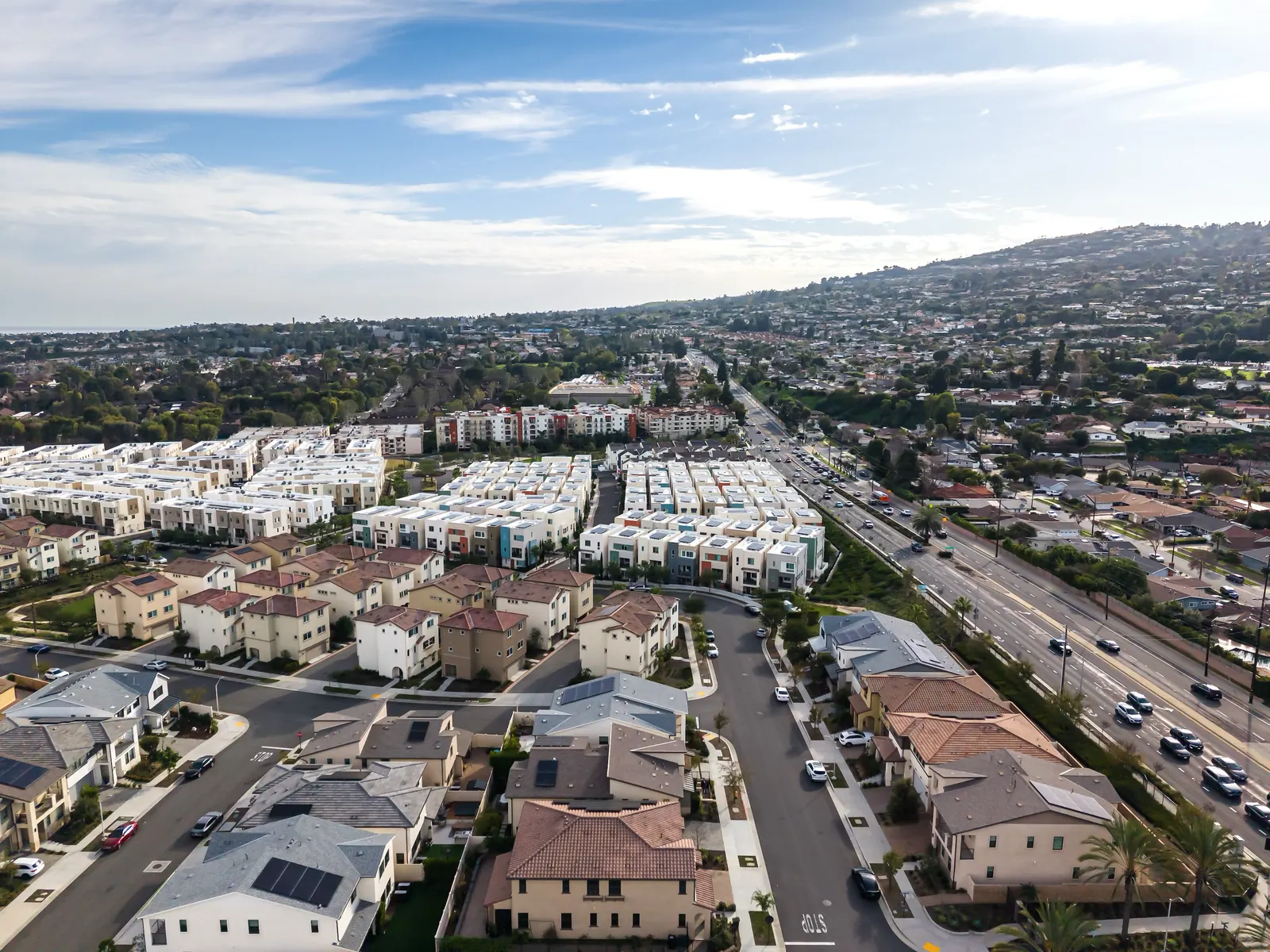 Aerial view of Ponte Vista along Western Avenue with the Palos Verdes hills beyond